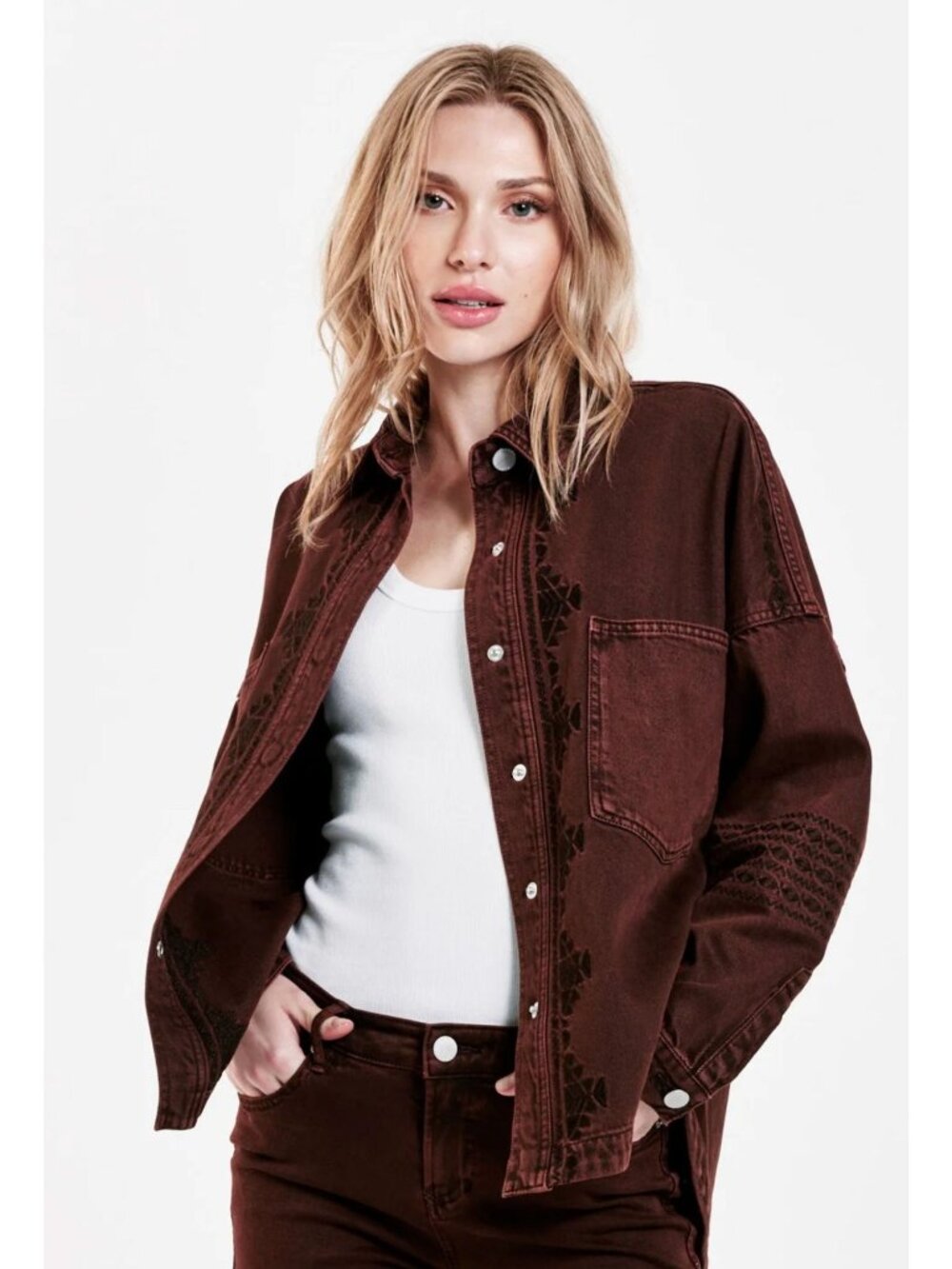 Dear John Denim Gina Denim Shirt Jacket in Dark Mahogany - Sz L - New - Picture 3 of 9